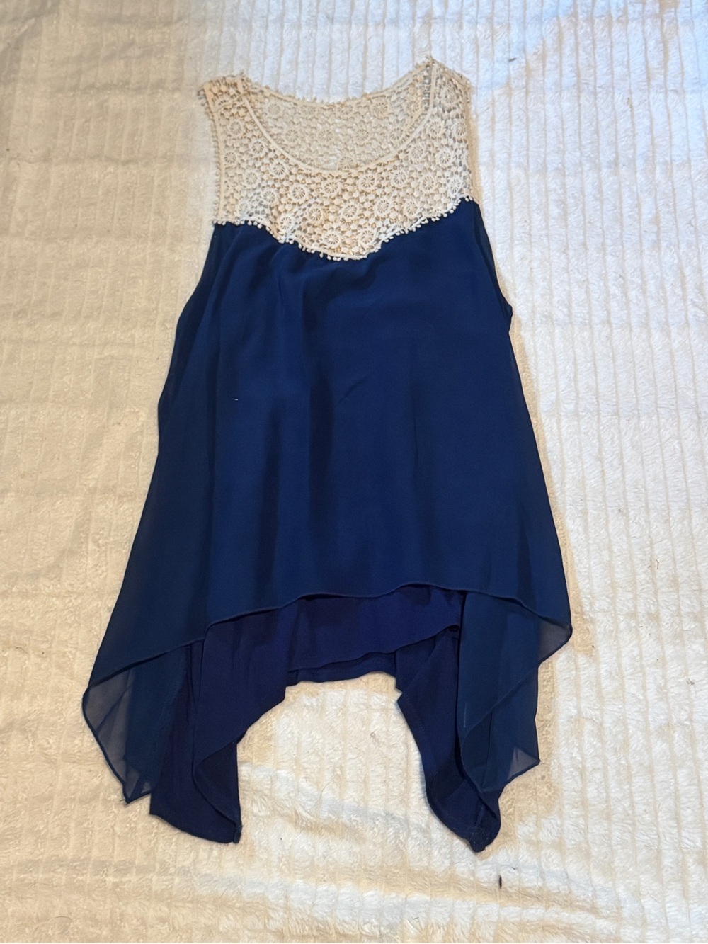 NAIF Navy Top with Cream Crochet Yoke